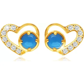 Náušnice Náušnice ve žlutém zlatě 585 - symetrické srdce s čirými zirkony a syntetickým tyrkysem
