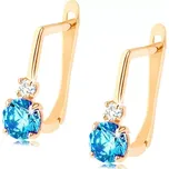 Zlaté náušnice 585 - kulatý syntetický topas modré barvy, čirý zirkonek