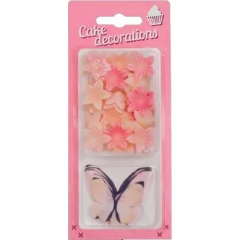 Jedlá dekorace na dort Dekorace z jedlého papíru Motýlci lososoví a květiny mini lososové (30 ks) ♡