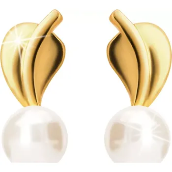 Náušnice Náušnice ze žlutého 14K zlata - list se stopkou, bílá perla