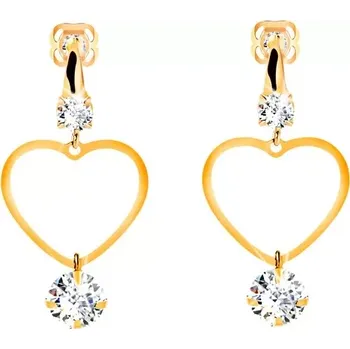 Náušnice Zlaté 14K náušnice - tenký obrys souměrného srdce, visící čirý zirkon