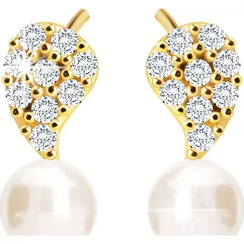 Náušnice Zlaté puzetové náušnice 585 - list s čirými zirkony a bílá perla