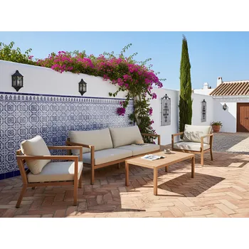 Konferenční stolek 5místná zahradní sedací souprava světle hnědý kovový rám imitace dřeva 3místná pohovka křesla s polštáři konferenční stolek moderní styl Beliani