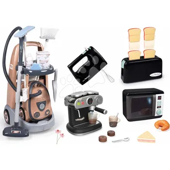 Hračka Set úklidový vozík a vysavač se zvukem Rowenta Trolley Vacuum Cleaner Smoby a mikrovlnka mixér a topinkovač s kávovarem
