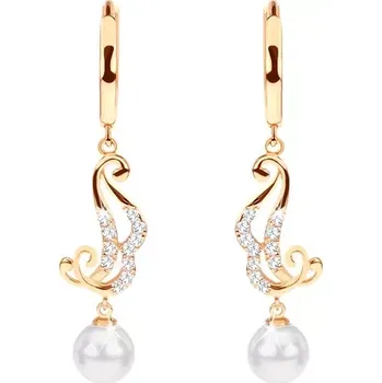 Náušnice Náušnice ze žlutého 14K zlata - kroužek s visícím ornamentem a bílou perlou