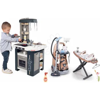 Hračka Set úklidový vozík a elektronická kuchyňka Rowenta Trolley Vacuum Cleaner Smoby a vysavač se zvukem a žehlicí prkno