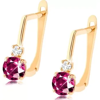 Náušnice Náušnice ze žlutého 14K zlata - lesklá tyčinka, čirý a tmavě růžový zirkon