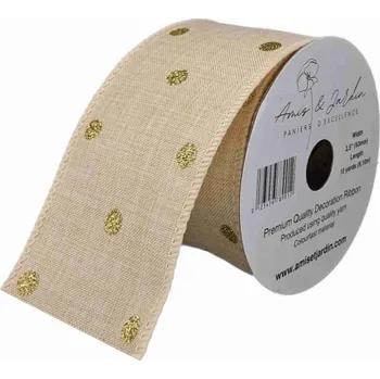 Stuha Stuha jutová s drátkem béžová vánoční tečky 9.1 m