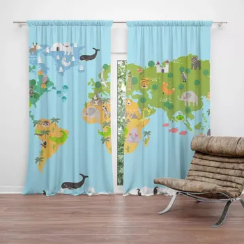 Závěs Sablio Závěs Zvířecí mapa světa: 2ks 140x250cm