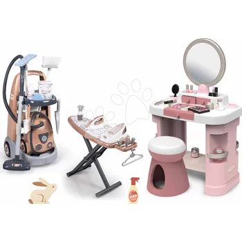 Dětské zboží Set úklidový vozík s elektronickým vysavačem a kosmetický stolek Rowenta Trolley Vacuum Cleaner Smoby se židlí a žehlicím prknem