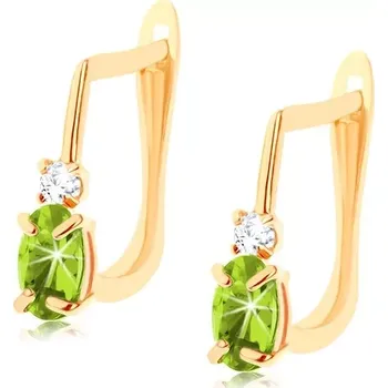 Náušnice Náušnice ve žlutém 14K zlatě - oválný zelený syntetický olivín, čirý zirkonek
