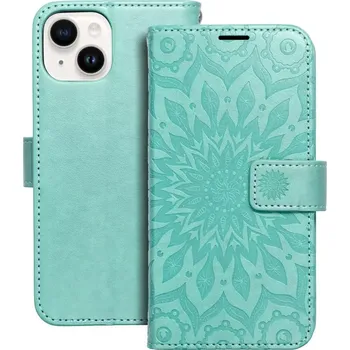 Pouzdro na mobilní telefon Flip pouzdro na mobil iPhone 14 MEZZO Book mandala zelená (Flip pouzdro, obal a kryt na mobil Apple iPhone 14 MEZZO Book se zelenou mandalou, kapsami a magnetickým zavíráním)