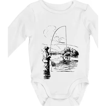 Kreslený rybář s podběrákem - Body kojenecké s dlouhým rukávem - Dlouhý r. 3-6 měs ( Bílá )