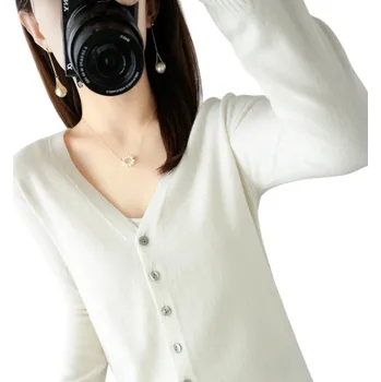 Dámský pletený kardigan s výstřihem do V Elegantní svetr na knoflíky Jednobarevný módní svetr Různé barvy Polyester Akryl bílá M