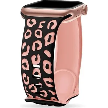 Gravírovaný řemínek 42 mm pro Apple Watch Series 10 Silikonový pásek s leopardím vzorem Nastavitelná velikost Prémiový silikon pohodlné uchycení černo-růžová