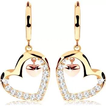 Náušnice Zlaté náušnice 585 - třpytivá kontura srdce, drobné srdíčko měděné barvy