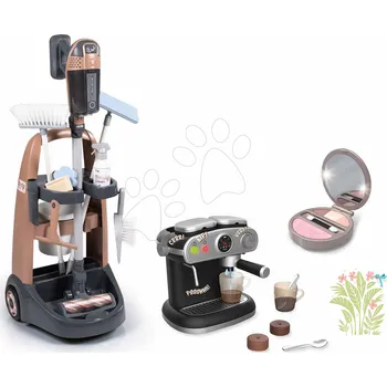 Dětský spotřebič Set úklidový vozík s tyčovým vysavačem a kávovarem Rowenta Trolley Upright Hoover Smoby se zvukem a žehlicí prkno s pudrem