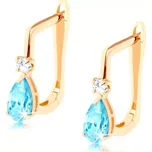 Náušnice ve žlutém 14K zlatě - modrá topasová kapka a čirý zirkon