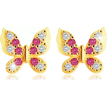 Náušnice Náušnice ze 14K žlutého zlata - motýlek s čirými a červenorůžovými zirkony