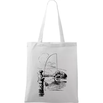 Kreslený rybář s podběrákem - Taška bavlněná - 42 x 38 cm ( Bílá )