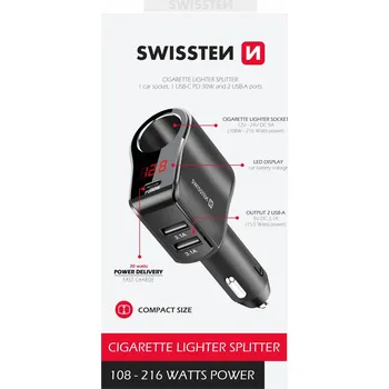 Zástrčka SWISSTEN s výstupem 1x CL, 1x USB-C PD a 2x USB-A 108W - 216W, 48043