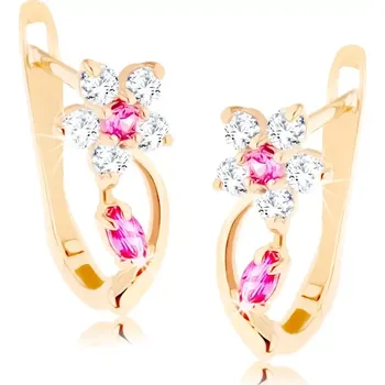 Náušnice Náušnice ze žlutého 14K zlata - kvítek z čirých zirkonů a syntetických rubínů