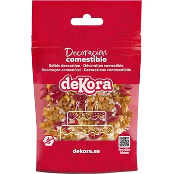 Jedlá dekorace na dort Dekora cukrové zdobení – Hvězdičky zlaté a hůlky červené (100 g)