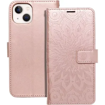 Pouzdro na mobilní telefon Flip pouzdro na mobil iPhone 14 MEZZO Book mandala růžová (Flip pouzdro, obal a kryt na mobil Apple iPhone 14 MEZZO Book s růžovou mandalou, kapsami a magnetickým zavíráním)