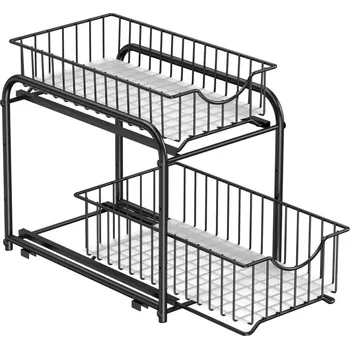 Úložný box Organizér do skříňky 2patrový s výsuvnými koši, černý kovový