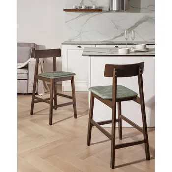 Barová židle Sada 2 barových židlí tmavě hnědé kaučukové dřevo zelený sedák polyester tradiční retro styl kuchyně jídelna Beliani