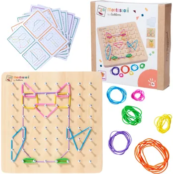 Dřevěná hračka Eichhorn Montessori Sada Dřevěná Geoboard Gumky + Vzory Geometrická Tabule 85 Prvků