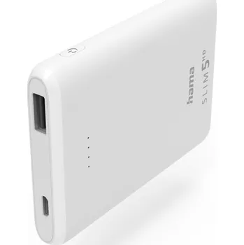 Powerbanka Hama SLIM 5HD, powerbanka, 5000 mAh, 1 A, výstup: USB-A, bílá (Hama SLIM 5HD, powerbanka, 5000 mAh,)