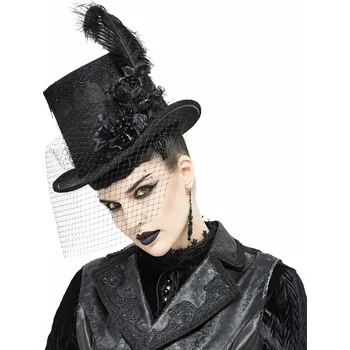 Klobouk klobouk DEVIL FASHION - Abandoned Carnival - Gothic Top Hat with Fishnet and Feathers - L-XXL
