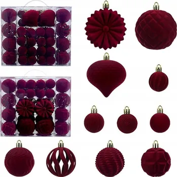 Vánoční dekorace VÁNOČNÍ BAŇKY NA VÁNOČNÍ STROMEK SAMETOVÉ BORDOVÉ 4-8cm NEROZBITNÉ OZDOBY NA STROMEČEK 48 KS