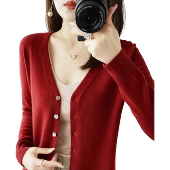 Dámské oblečení Dámský pletený kardigan s výstřihem do V Elegantní svetr na knoflíky Jednobarevný módní svetr Různé barvy Polyester Akryl vínová L