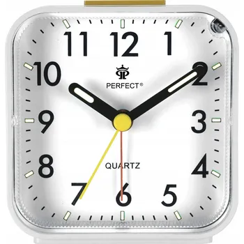 Budík Bílý analogový budík s plynulým chodem, odložením buzení a podsvícením, na baterie