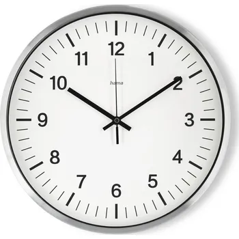 Hodiny Hama Shiny, nástěnné hodiny řízené rádiovým signálem, průměr 35 cm, kartáčovaný hliník (Nástěnné hodiny řízené rádiovým signálem, průměr 35 cm, hliník)