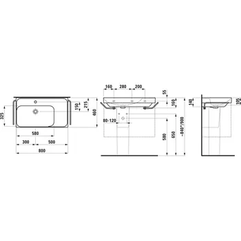 LAUFEN MEDA - umyvadlo, s odkládací plochou vpravo (H817116) Barva: Bílá, Provedení: bez přepadu, s 1 otvorem pro baterii