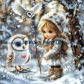 Látkový panel - Holčička se sovičkou - DZ-151 Velikost: 25x25cm, Materiál: Teplákovina nepočesaná