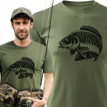 Pánské tričko Letní bavlněné rybářské tričko , khaki barva, potisk s motivem kapra, vel. XXL
