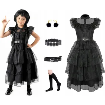 Karnevalový kostým STŘEDA Wednesday Addamsová KOSTÝM ŠATY ŠATY NA PLES, ÚČESY, NÁUŠNICE, NÁUŠNICE PO KOLENKY 140