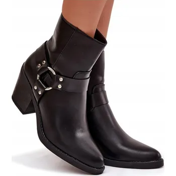 Dámská zimní obuv DÁMSKÉ KOTNÍKOVÉ BOTY EKO KŮŽE KOVBOJSKÉ BOTY ZATEPLENÉ S OZDOBNÝM PRVKEM ČERNÉ 41