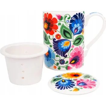 Hrnek se sítkem na louhování Folkstar, motiv lidový - lowicki, bílý, 280 ml, porcelán