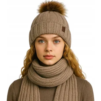 Čepice Zimní dámská souprava: čepice s bambulí a šála, tmavě béžová