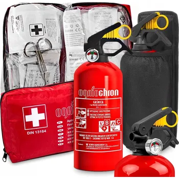 Autolékárnička AGMI SADA: HASICÍ PŘÍSTROJ 1KG S MANOMETREM, AUTO lékárnička DIN13164, DRŽÁK DO KUFRU