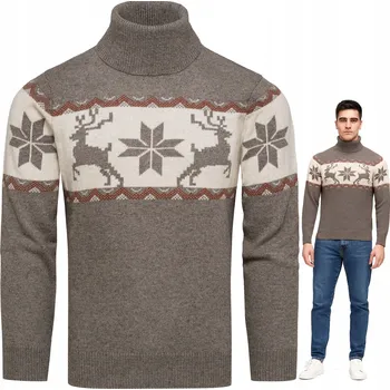 Pánský svetr Pánský vlněný svetr s rolákem, norský vzor, hnědý, velikost L