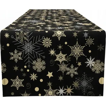 ubrus Vánoční BĚHOUN z veluru 40x140 cm velvet černý se sněhové vločky a hvězdami
