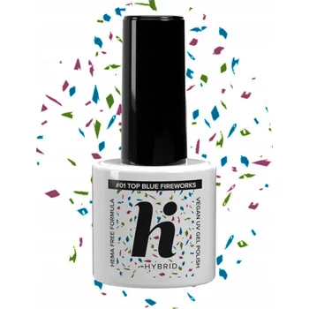 Lak na nehty Hi hybrid HEMA Free Top No Wipe Blue Fireworks 5 ml – Vrchní lak na nehty bez výpotku, modré třpytky, bez HEMA