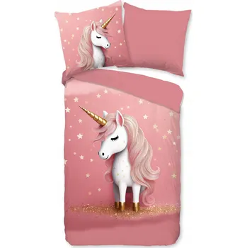 Povlečení Pościel 135x200 Jednorożec złoty róg różowa mikrovlákno oboustranné