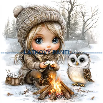 Látkový panel - Holčička se sovičkou - DZ-154 Velikost: 25x25cm, Materiál: Teplákovina nepočesaná